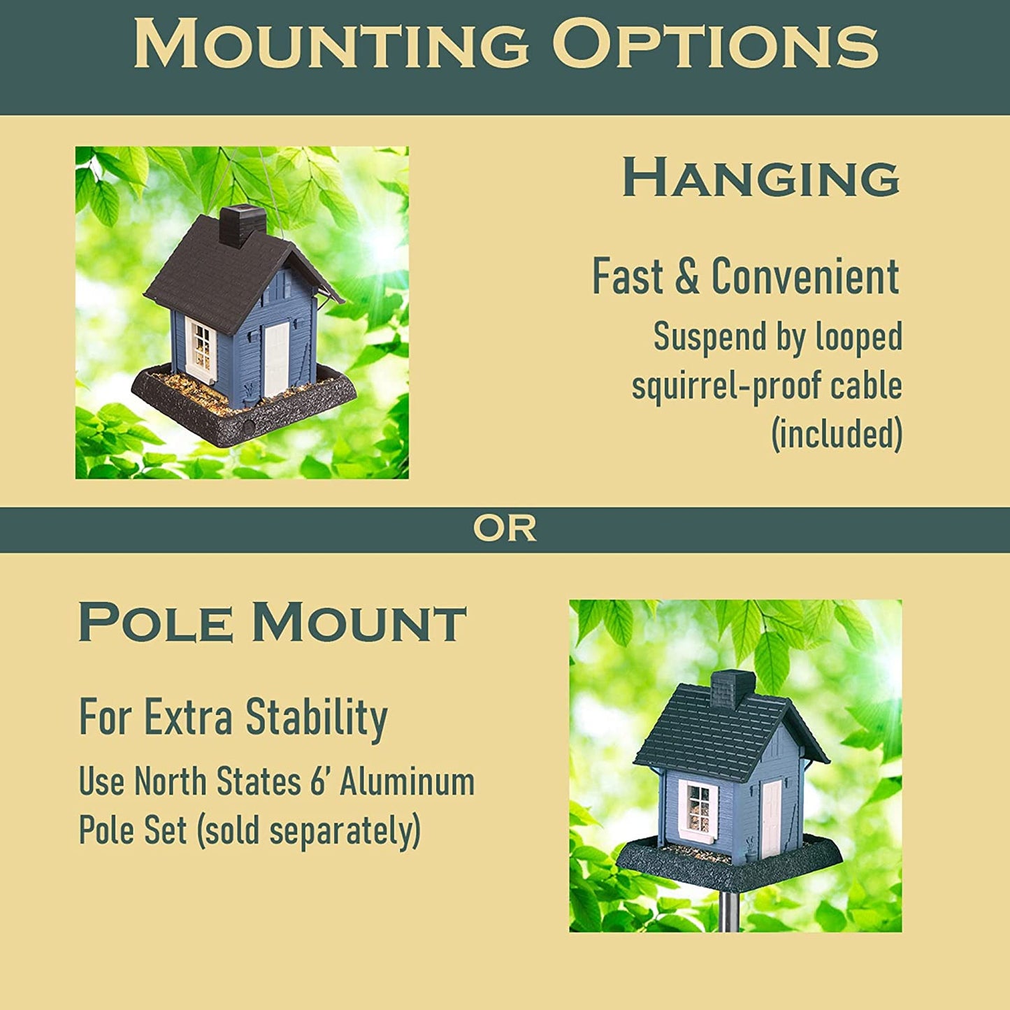 Blue Cottage Birdfeeder: Easy Fill & Clean. Squirrel Proof Hanging Cable included, or Pole Mount (pole sold separately). Large, 5 pound Seed Capacity (9.5 x 10.25 x 11, Blue)