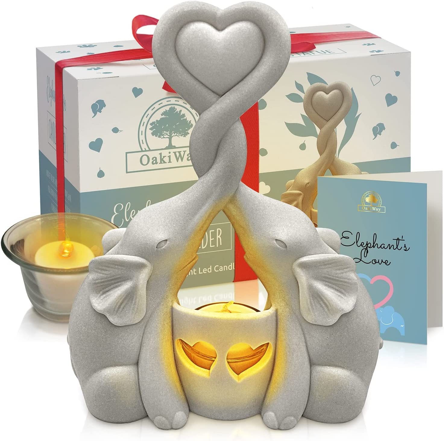 Anniversary & Valentines Day Gifts - Elephants Love Candle Holder Statue W/ Flickering LED