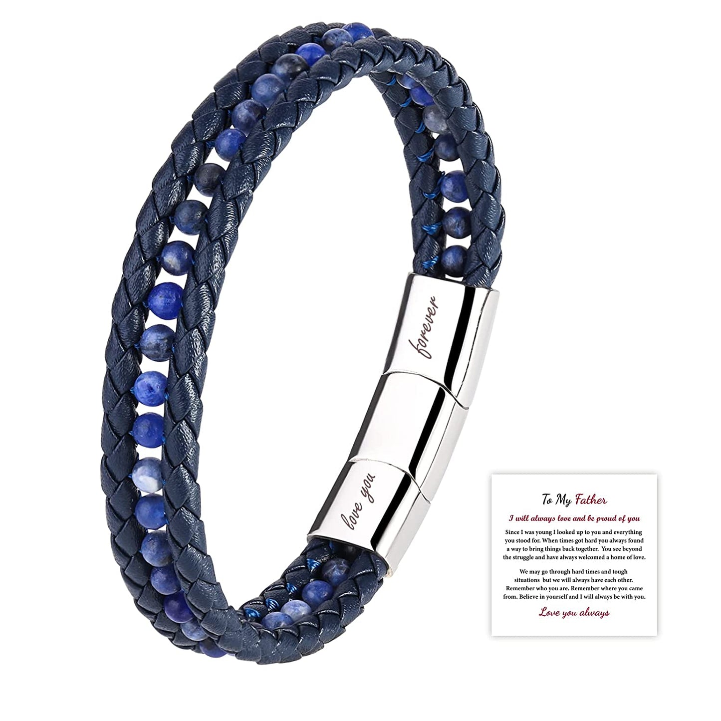 To My Father Leather Bracelets For Men, Blue-  Fathers Day Gift w/ Box