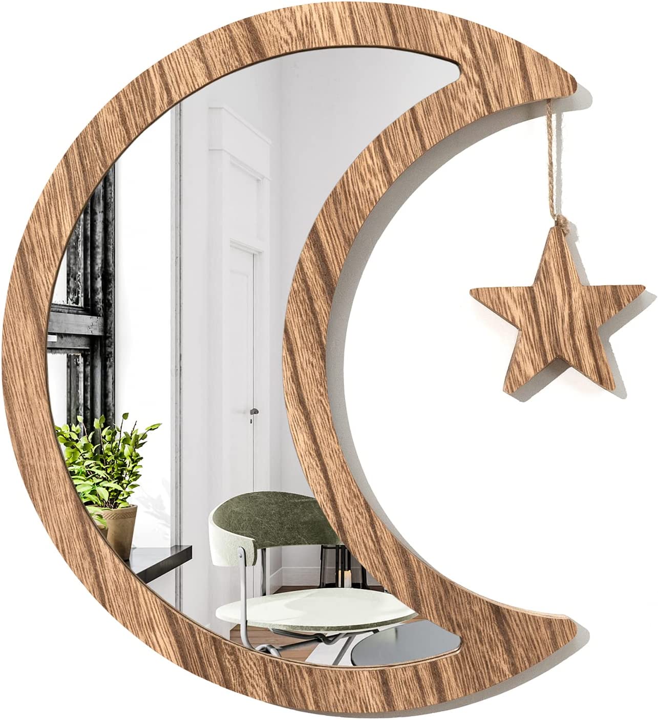 Boho Wall Decor Mirror 12.9 in Rustic Wood Moon Mirror w/ Real Glass, Carbonized Black