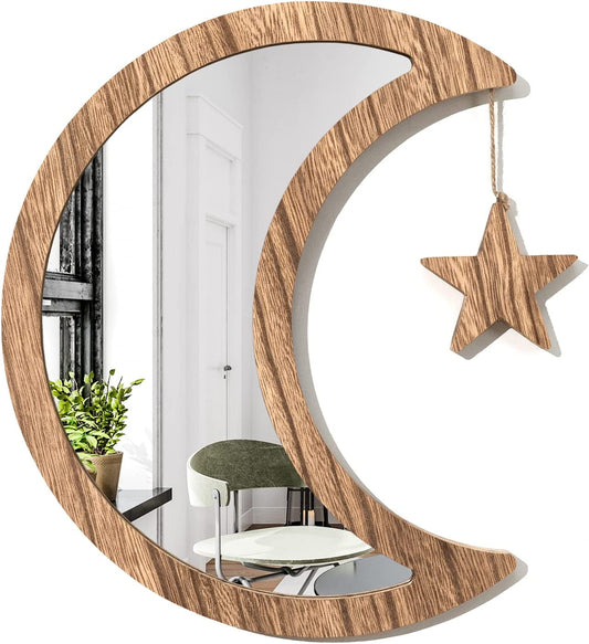 Boho Wall Decor Mirror 12.9 in Rustic Wood Moon Mirror w/ Real Glass, Carbonized Black