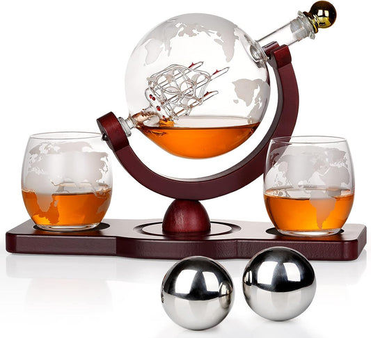 Gifts for Men Dad Christmas, Whiskey Decanter Globe Set with 2 Ball Stones & 2 Glasses, Anniversary Birthday Gifts for Him Husband Boyfriend, Unique Gift for Bourbon Scotch Liquor Vodka, Cool Stuff