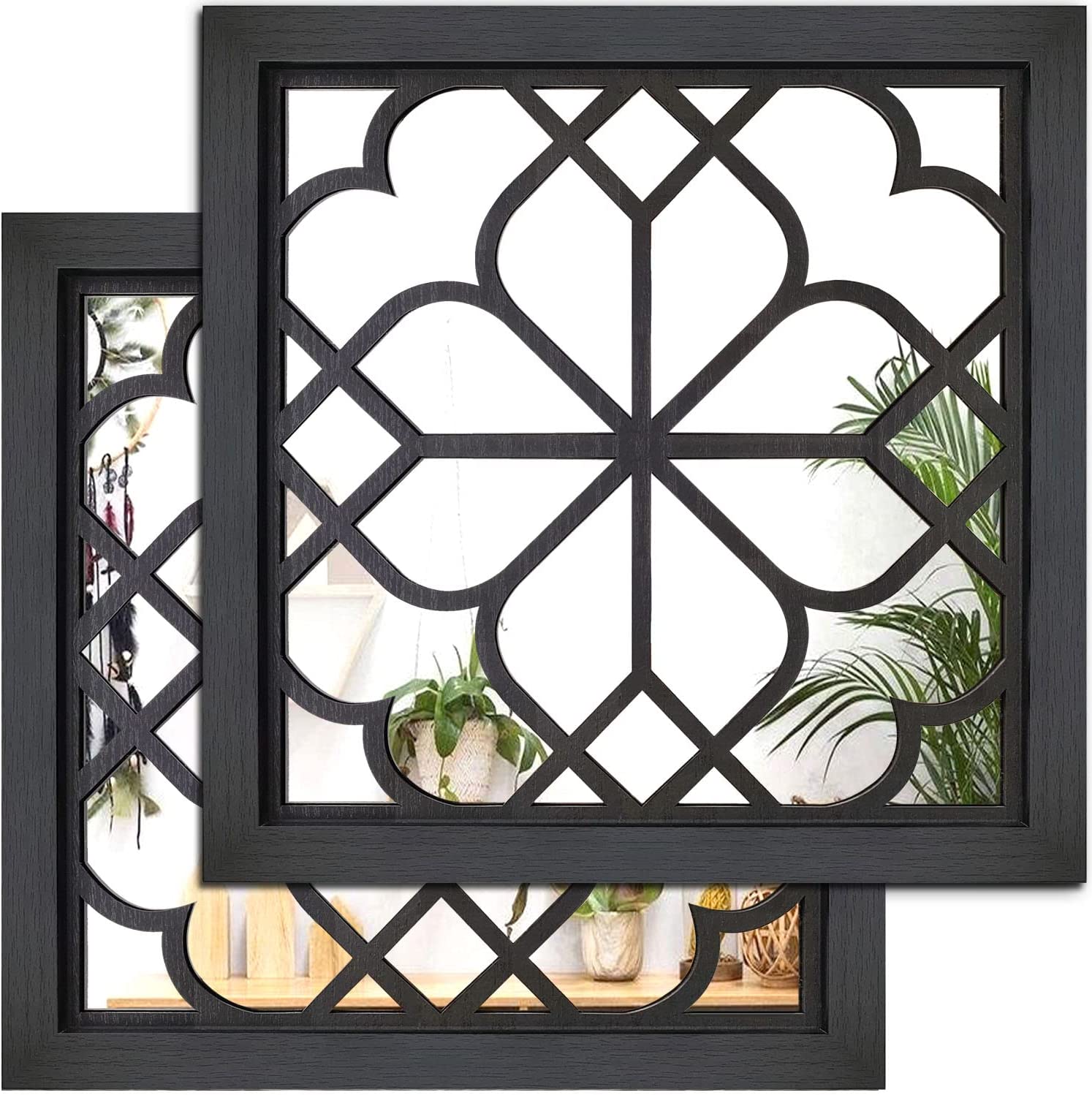 2 PCS Square Wall Mirror,Gorgeous Rustic Farmhouse Accent -Black 12 x12"