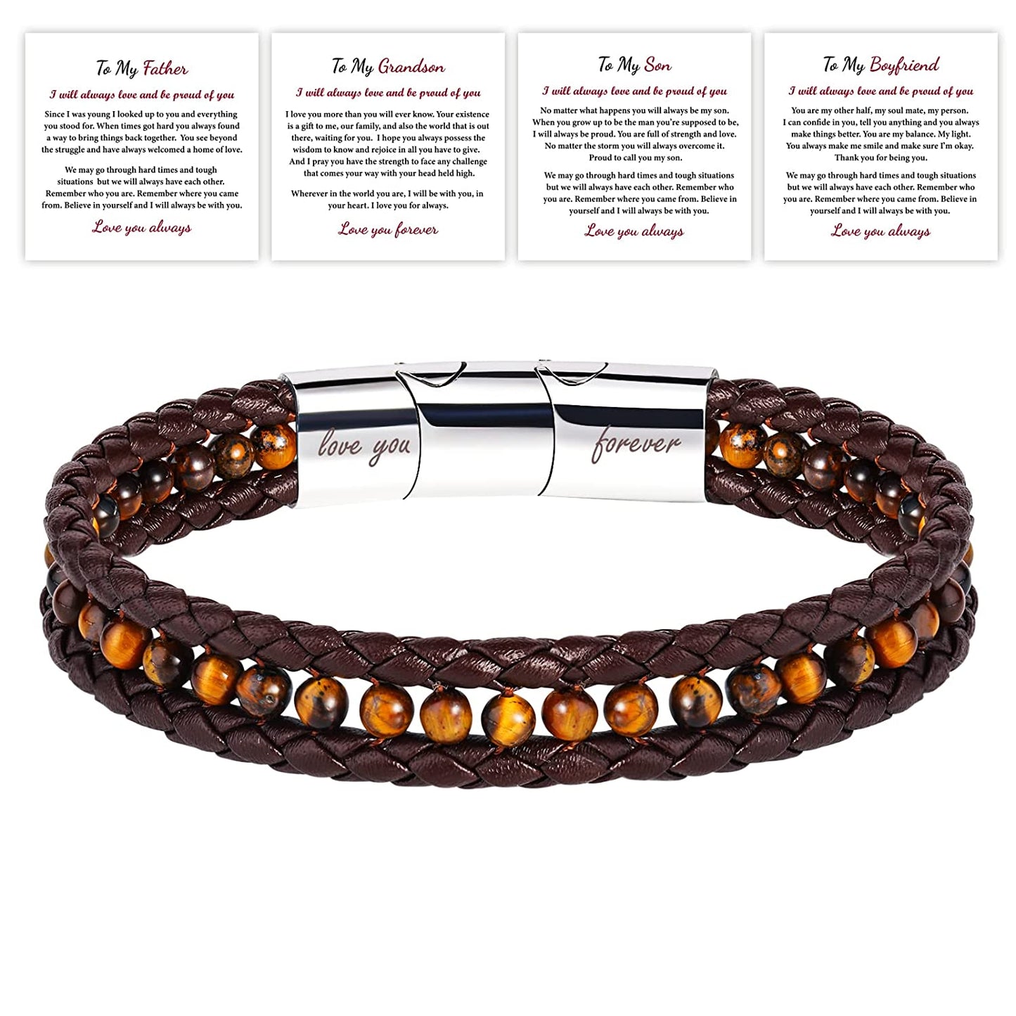 To My Father Leather Bracelets For Men, Brown- Fathers Day Gift w/ Box