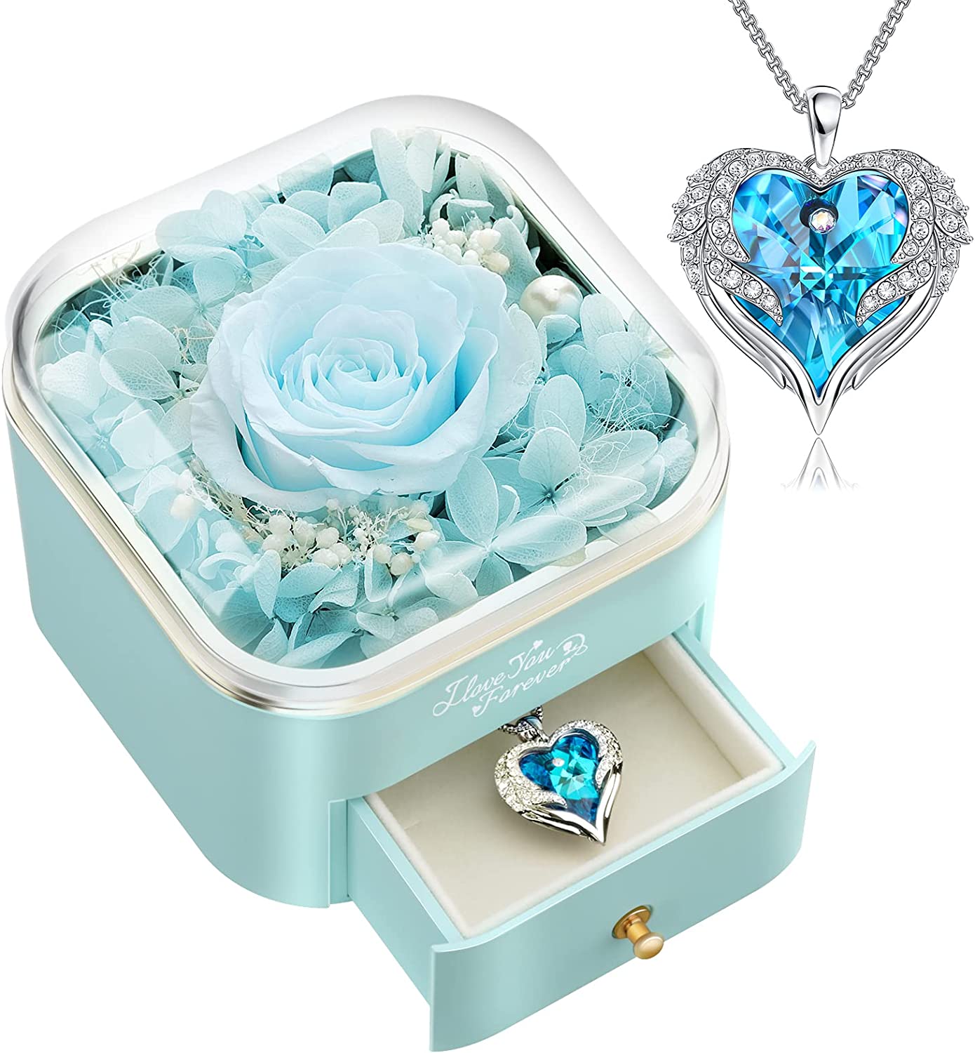 Valentines Day Gifts for Her Preserved Light Blue Rose with Light Blue Necklace for Women