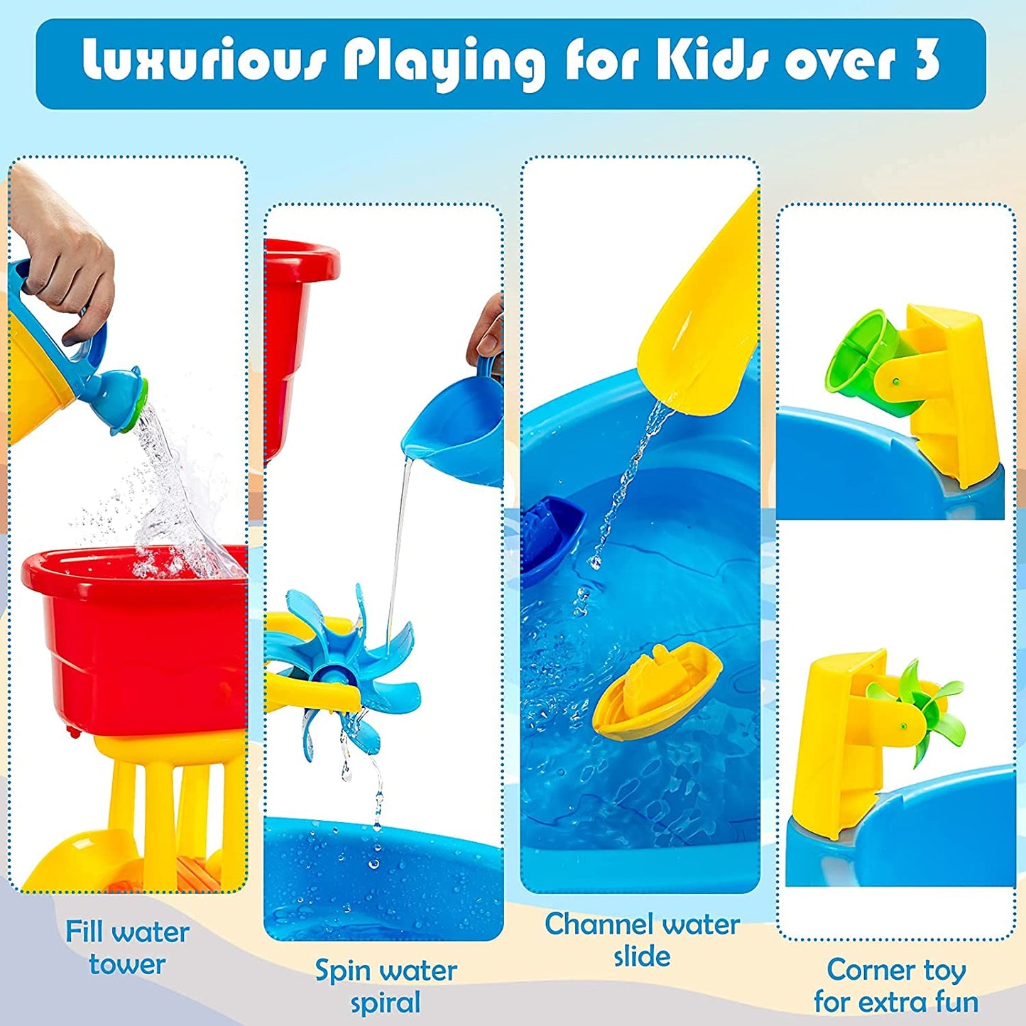 Kids Sand & Water Table, 2 in 1 Splash Water Table for Toddlers, Summer Beach Activity Play Table for Children Standing Sand Toys w/ 18 Pcs Accessories (Without Umbrella)