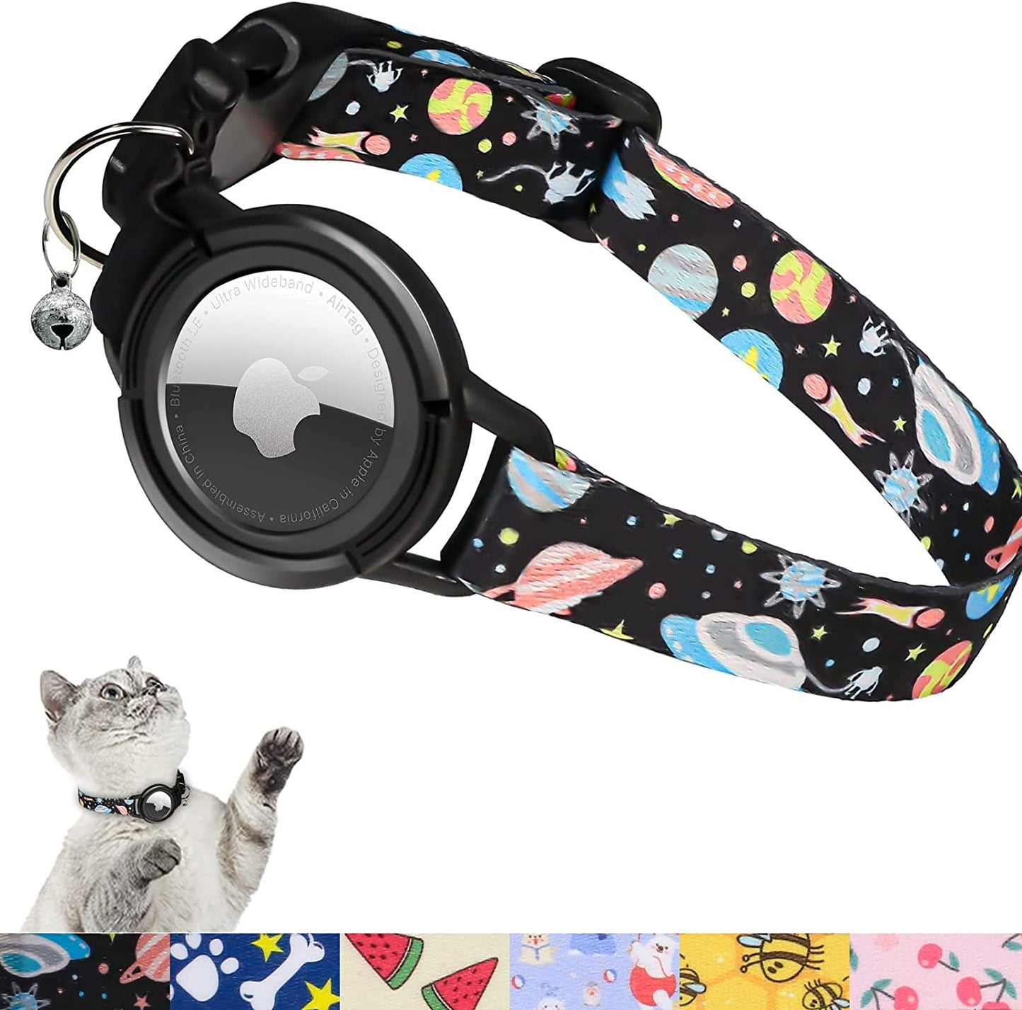 Upgraded AirTag Cat Collar, Integrated GPS Cat Collar w/ Apple Air Tag Holder and Bell [Black]