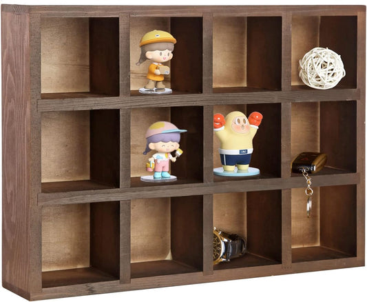 Brown Wood Hanging Shadow Box, Shot Glasses Display Case, Crystal Display Shelves, Collectibles Display Shelf, Freestanding or Wall Mounted Shelving Unit with 12 Compartments