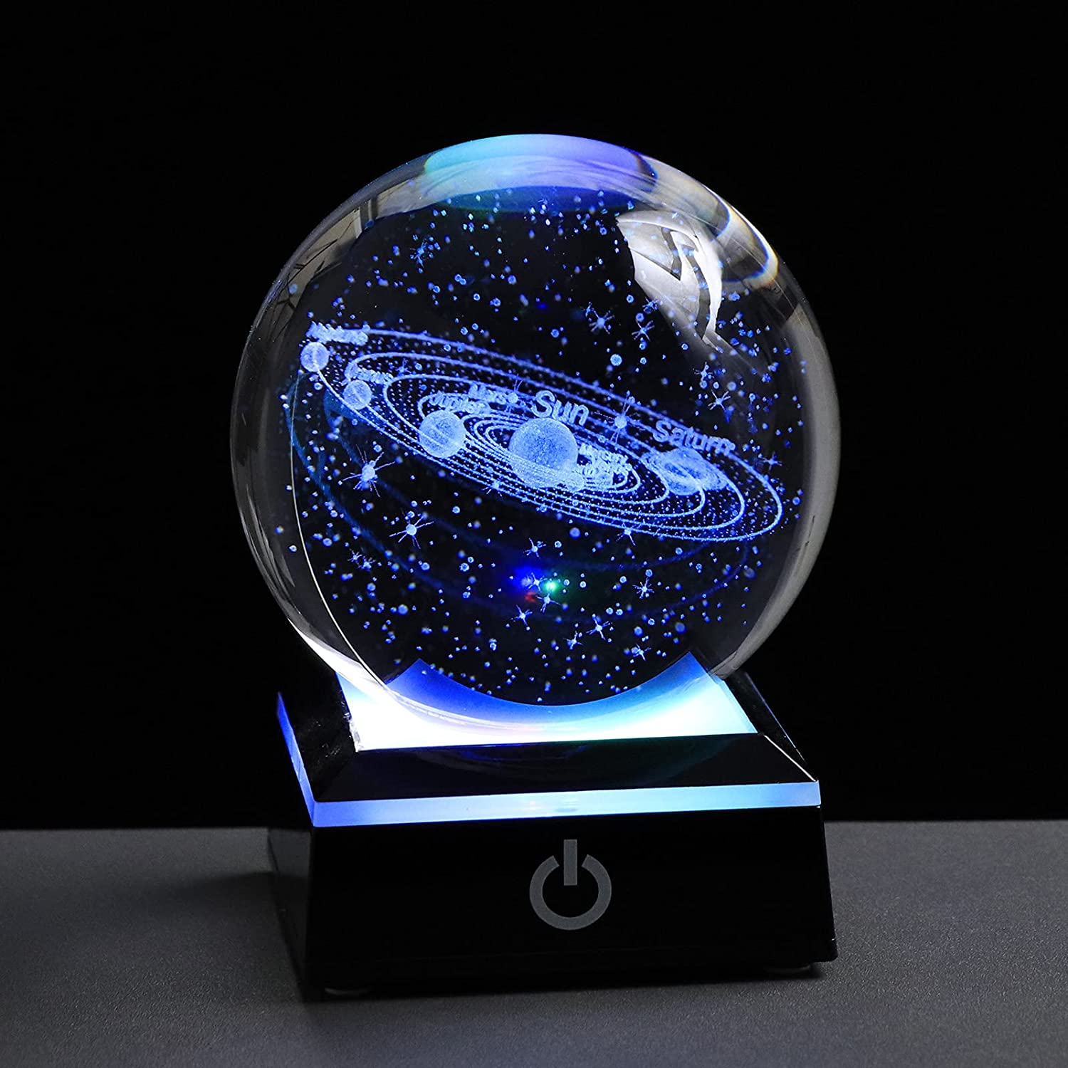 3D Solar System Crystal Ball with LED Colorful Lighting Touch Black Base, Science Astronomy