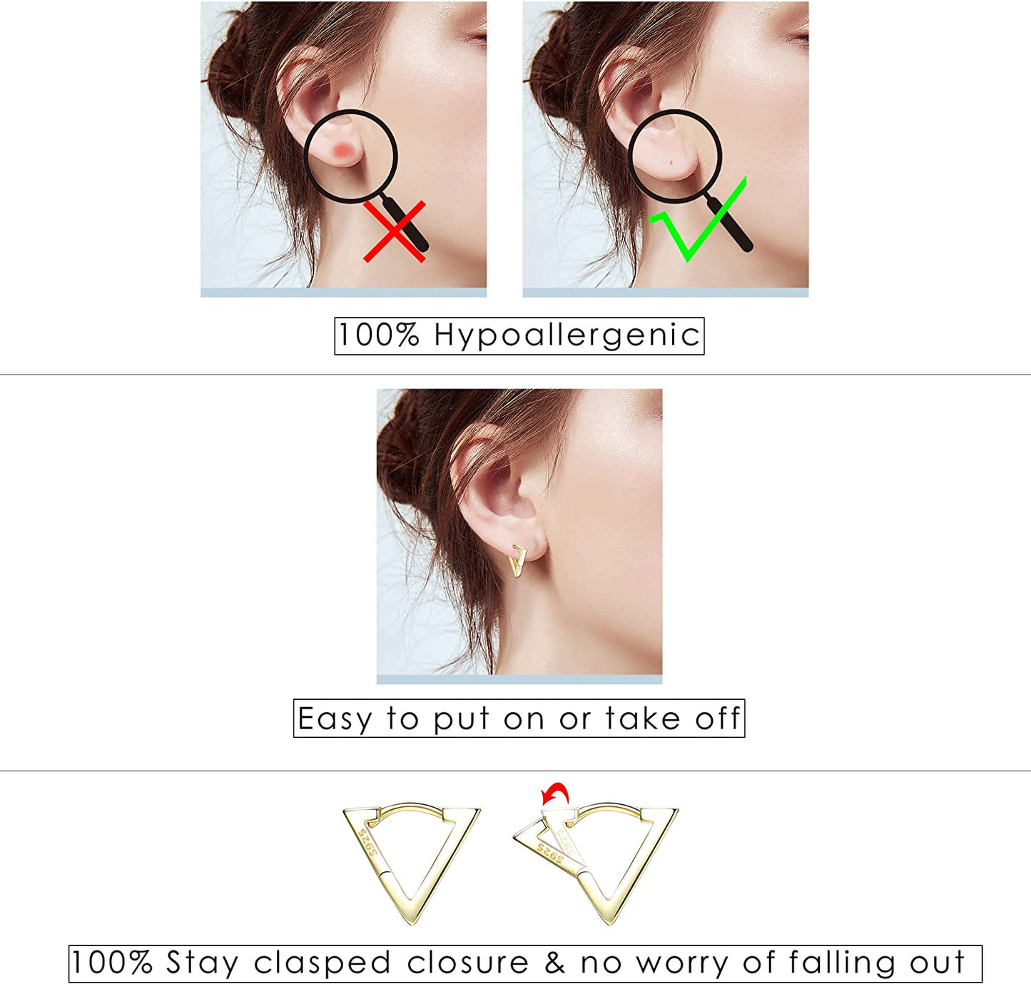 925 Sterling Silver Small Hoop Earrings 18K Gold Plated, Silver Triangle Huggie Hoop Earrings