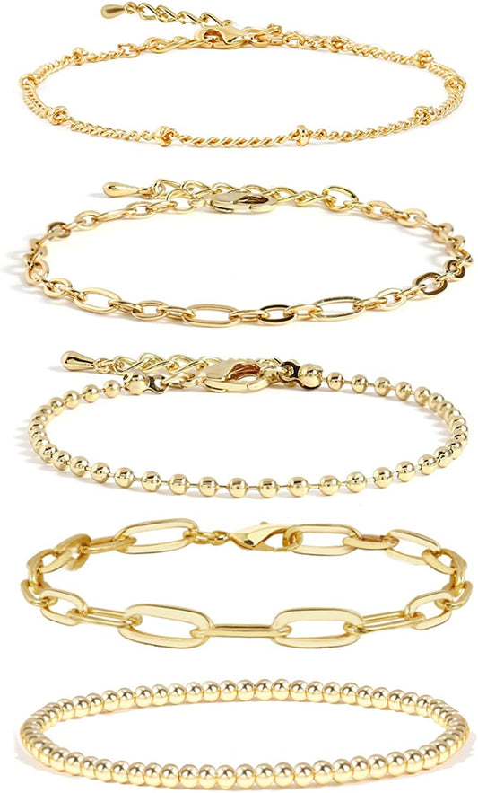 Gold Chain Bracelet Sets for Women Girls 14K Gold Plated Dainty Link Paperclip, Style-4