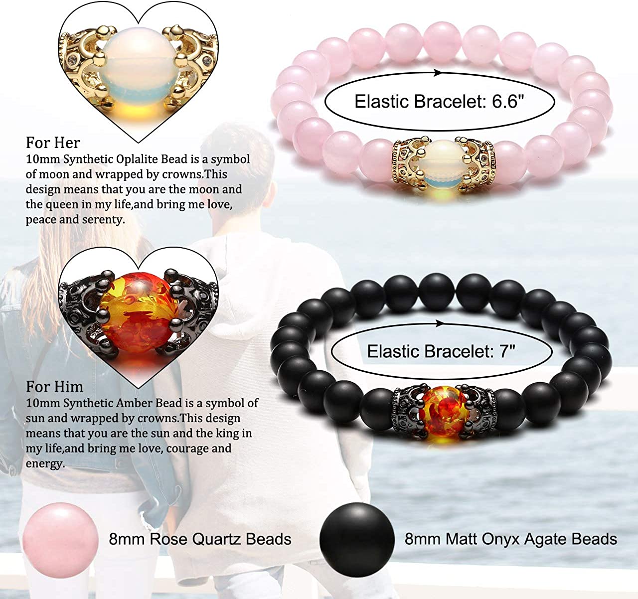 King & Queen Crown Couple Bracelets 8mm Natural Stone, #8 Matte Agate+Rose Quartz