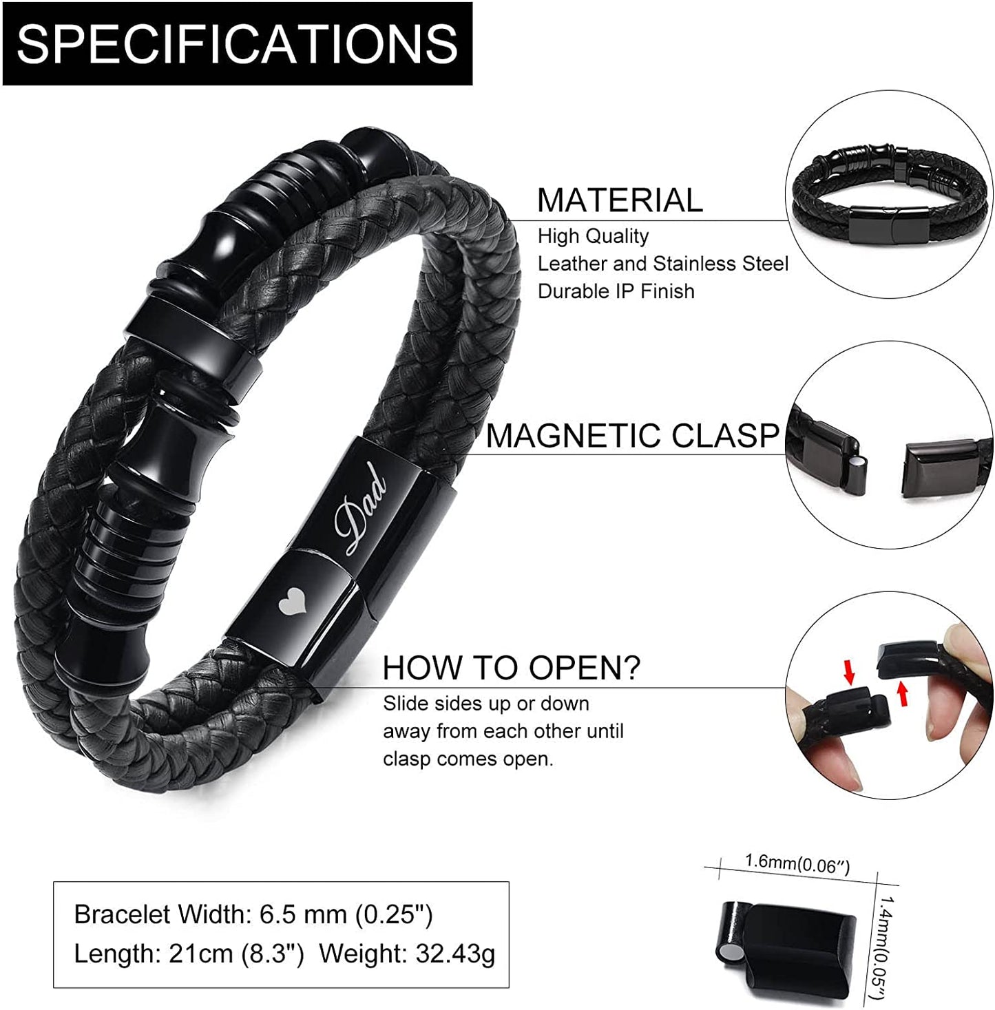 Premium Genuine Leather Bracelet for Dad Son Handsome Black Stainless Steel Magnetic Clasp Bracelet for Father's Day  Gift