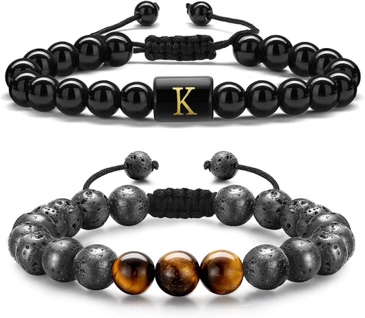 Christmas Gifts for Men Teen Boys - 8mm Tiger Eye Lava Rock Stone Beaded Bracelets for Men Initial Link Handmade Obsidian Mens Bracelet Personalized Birthday Christmas Gift for Husband Dad Boyfriend