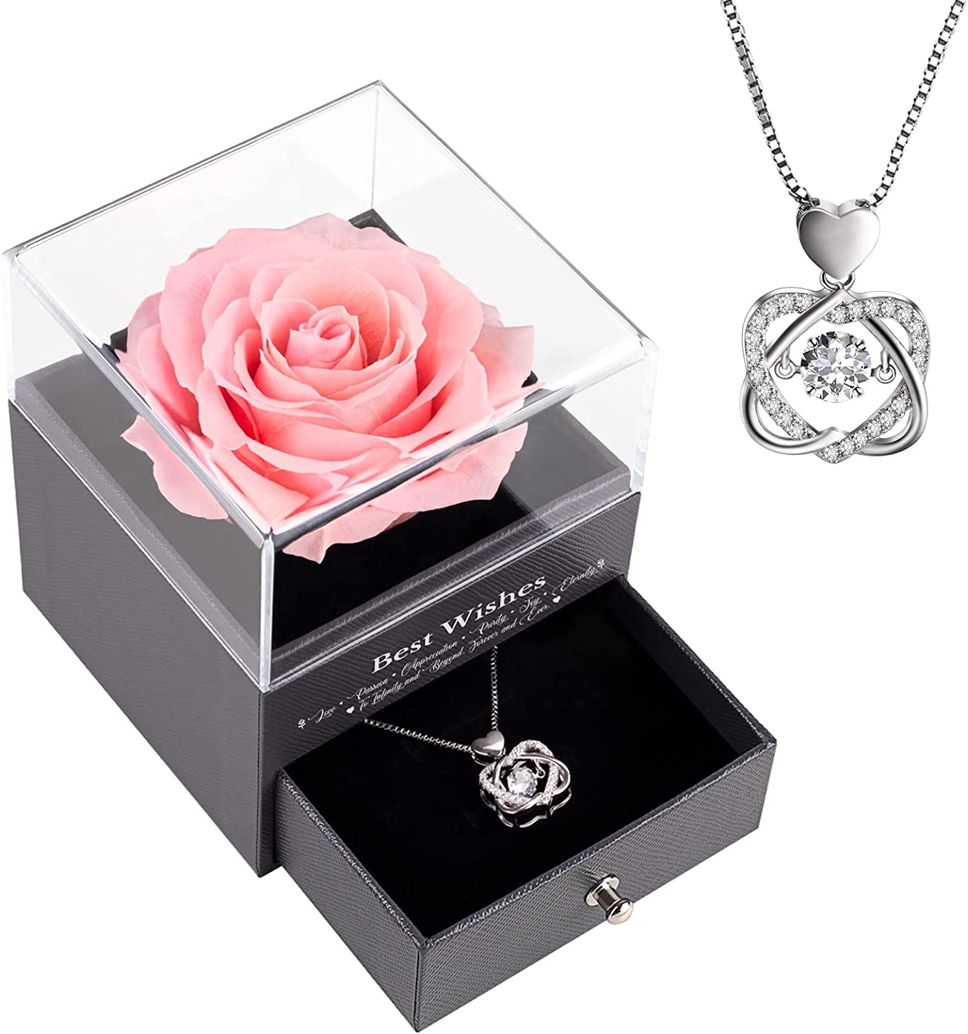 Preserved Real Rose w/ Necklace, Eternal Rose for Mom Wife Girlfriend Sister Ideas (Pink)