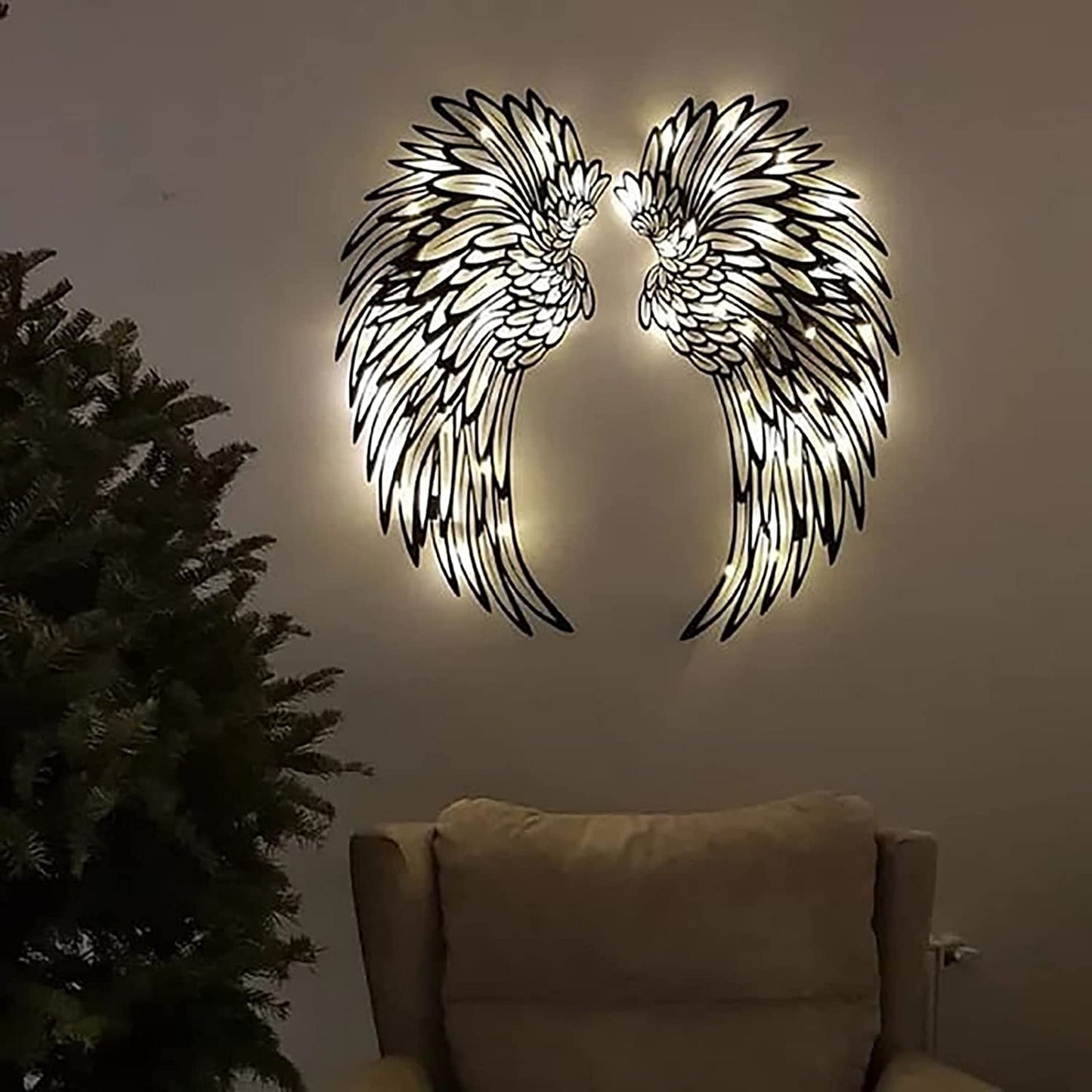 Angel Wings Wall Art Decoration with Lights, Metal 3D (Single Size: 8''W x 16''H)