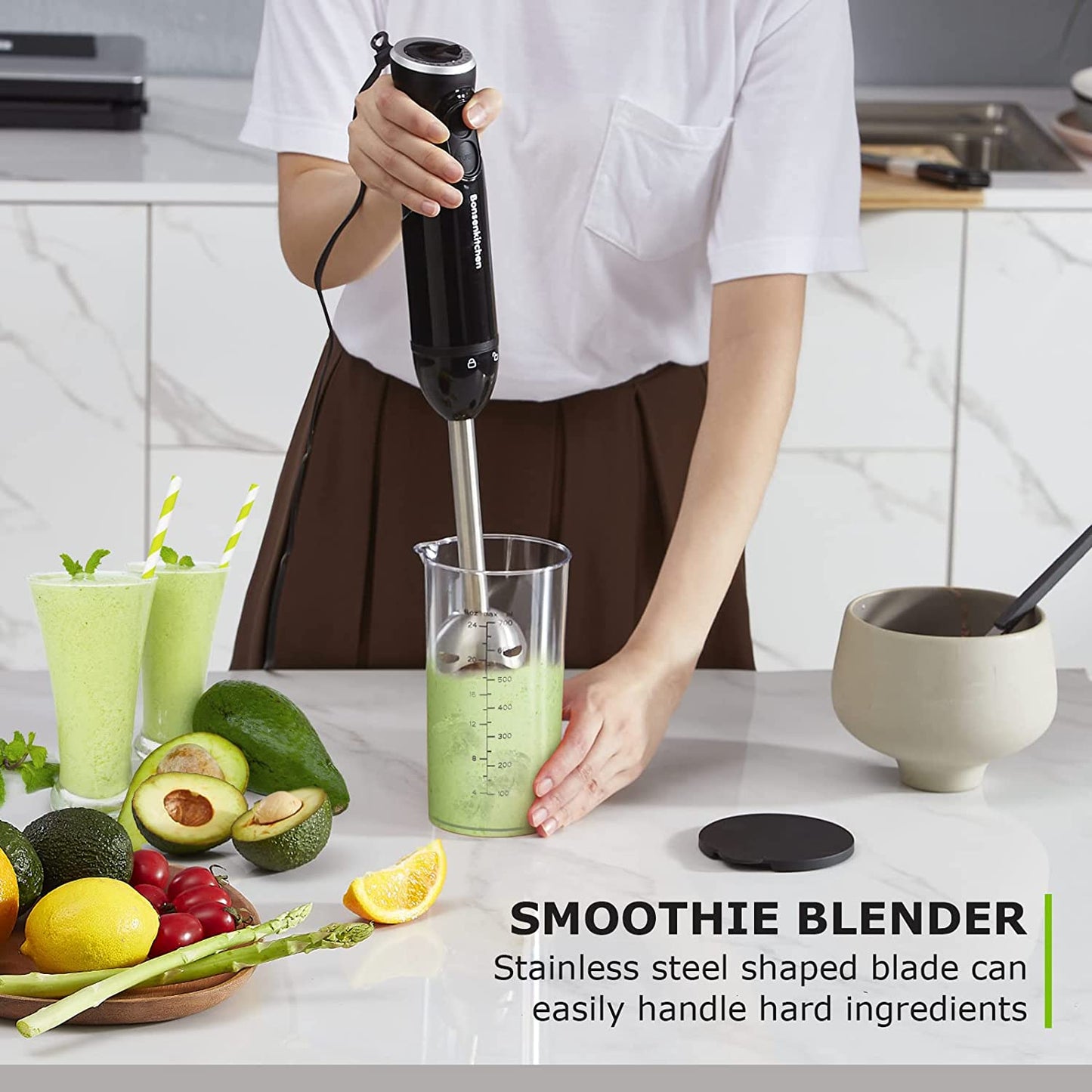 1 Basic Kitchen Handheld Blender, 2 Types of Speed Control 12 Variable Speeds or Turbo, Immersion Blender Stick Mixer w/ Stainless Steel Blades