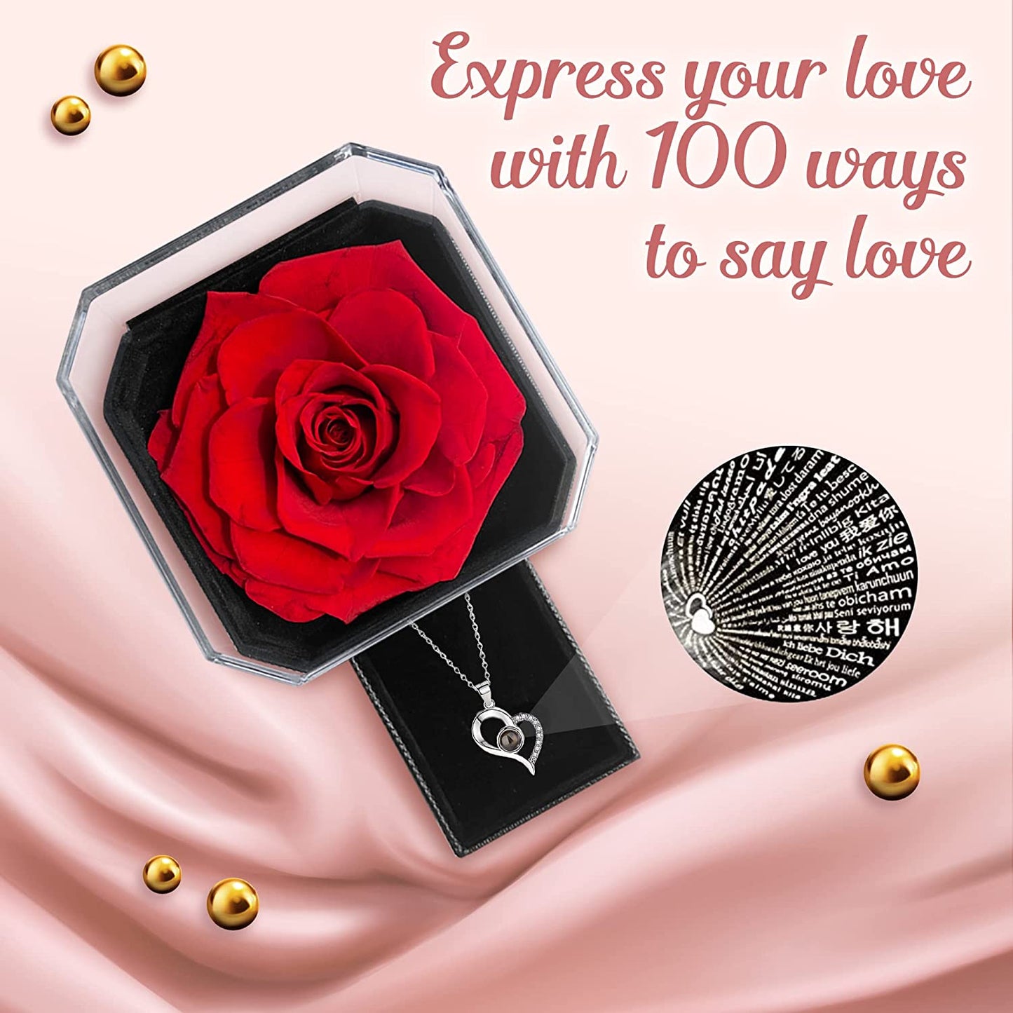 Preserved Rose w/ I Love You Necklace in 100 Languages, Red New Rose Box-Best Wishes