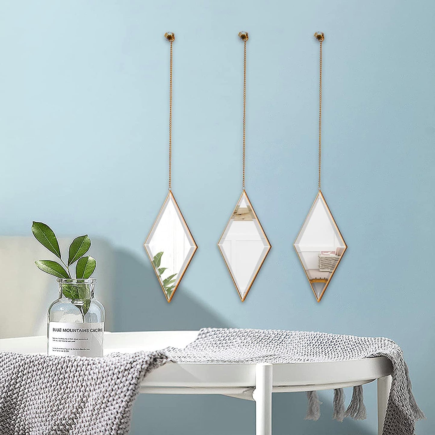 Diamond Wall Mirror, Set of 3 for Home Decoration Gold with Hanging Chain