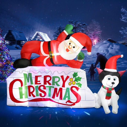 8FT Merry Christmas Inflatable Outdoor Decorations - Inflatable Christmas with Santa Claus & Dog, Christmas Blow Up Yard Decorations with LED Light, Christmas Inflatables for Outside Garden