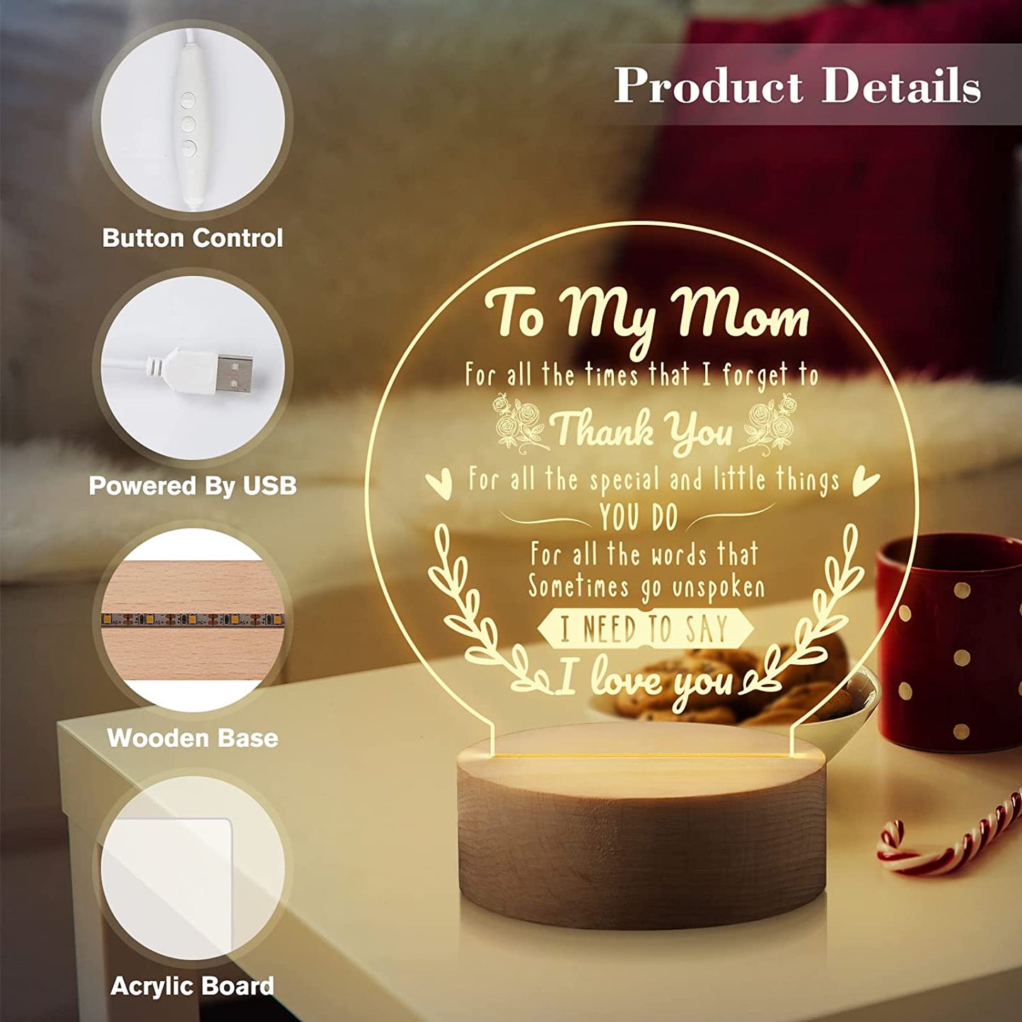 Best Mom Gifts on Mothers Day/Birthday Engraved Night Light Lamp 15CM*19CM