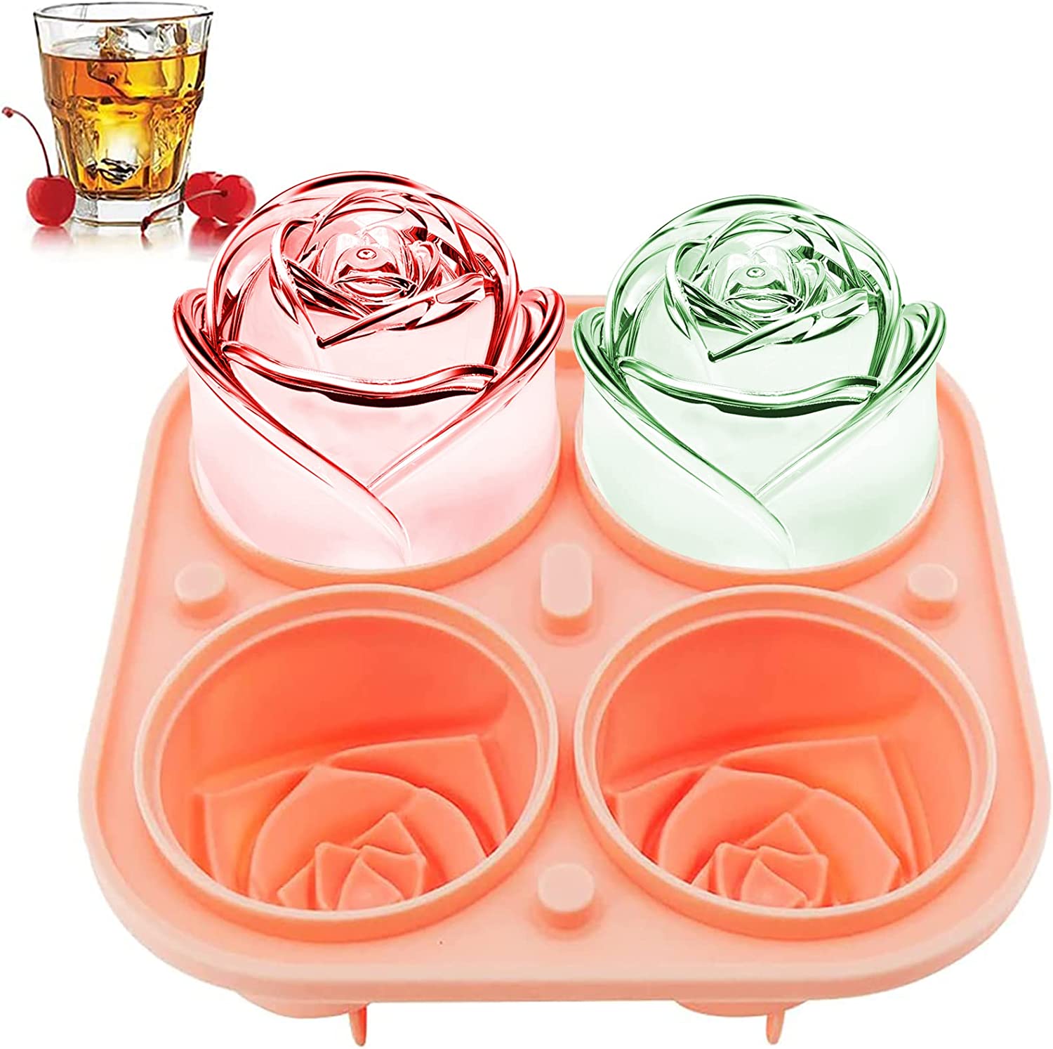 3D Rose Ice Molds 2.5 Inch, Large Ice Cube Trays, Make 4 Giant Cute Flower Shape Ice, Pink