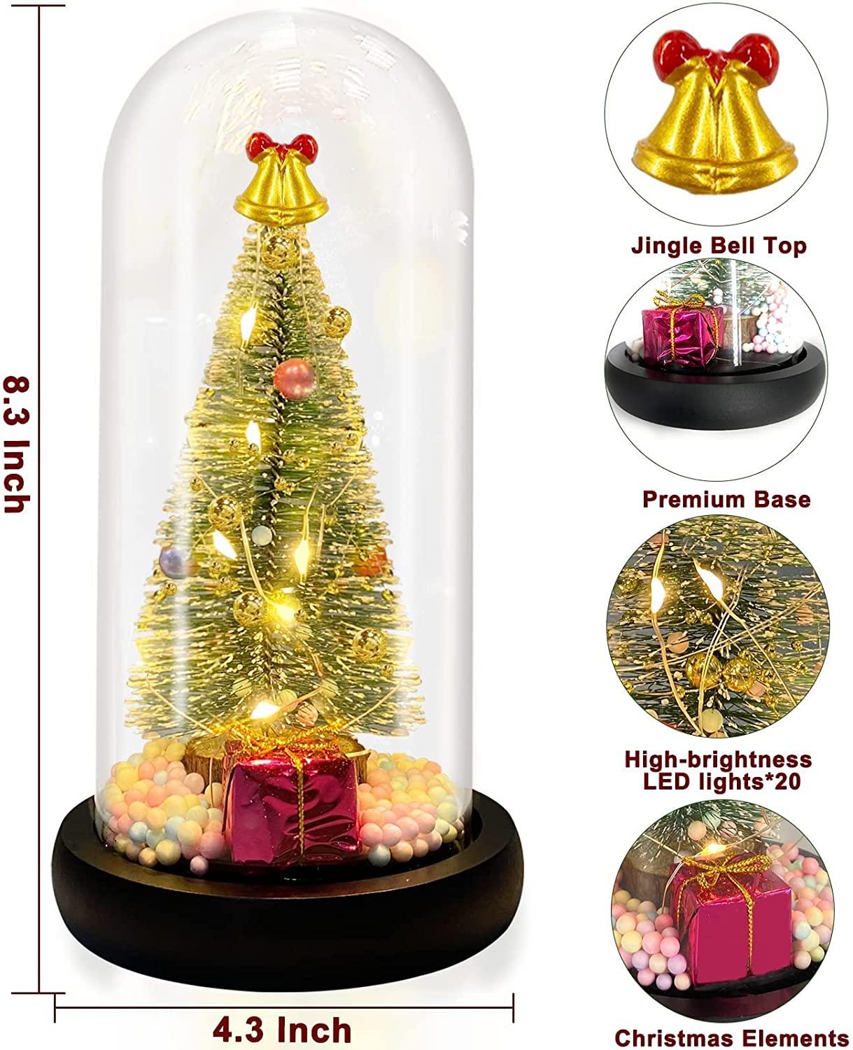 Pre-lit Christmas Tree in Glass Dome Christmas Decoration, Battery Operated