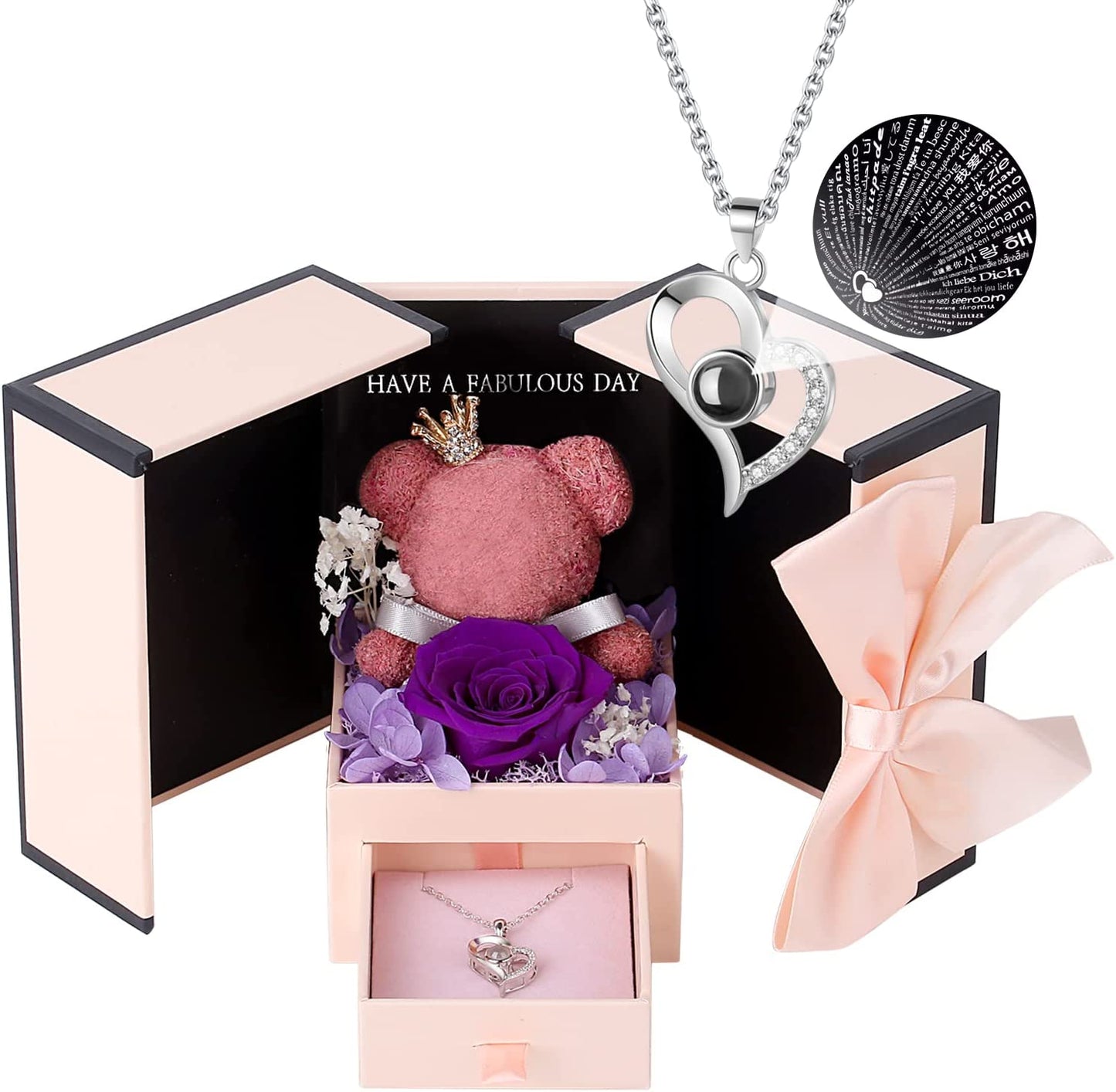 Cute Preserved Real Purple Rose Bear Gifts Box with I Love You Necklace Valentines Day Gift for Her