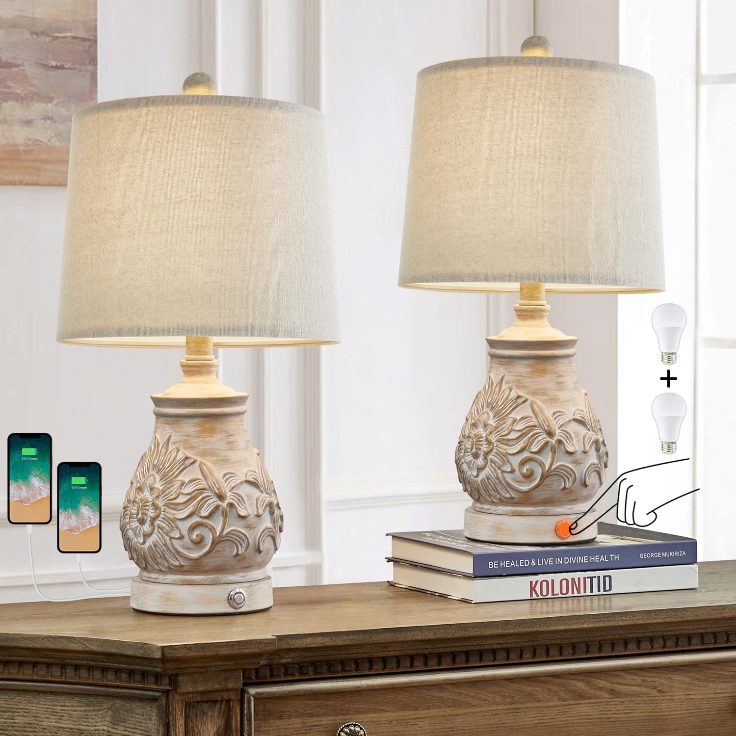 3 Way Dimmable Touch Table Lamps Rustic Carved Floral Lamps w/ 2 USB Ports Bulb Included