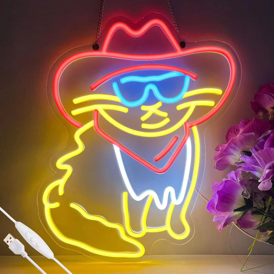 Cat Neon Sign for Wall Decor Cowboy Kit Led Neon Light for Kids Room Wedding Birthday Home Party Art Decor Gifts, Dimmable & Powered by USB, 15.7x11.8 inches
