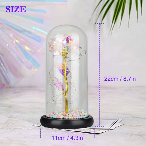 Colorful Galaxy Rose Flower Gift in Glass Dome, Artificial Flower Rose w/ LED Light String