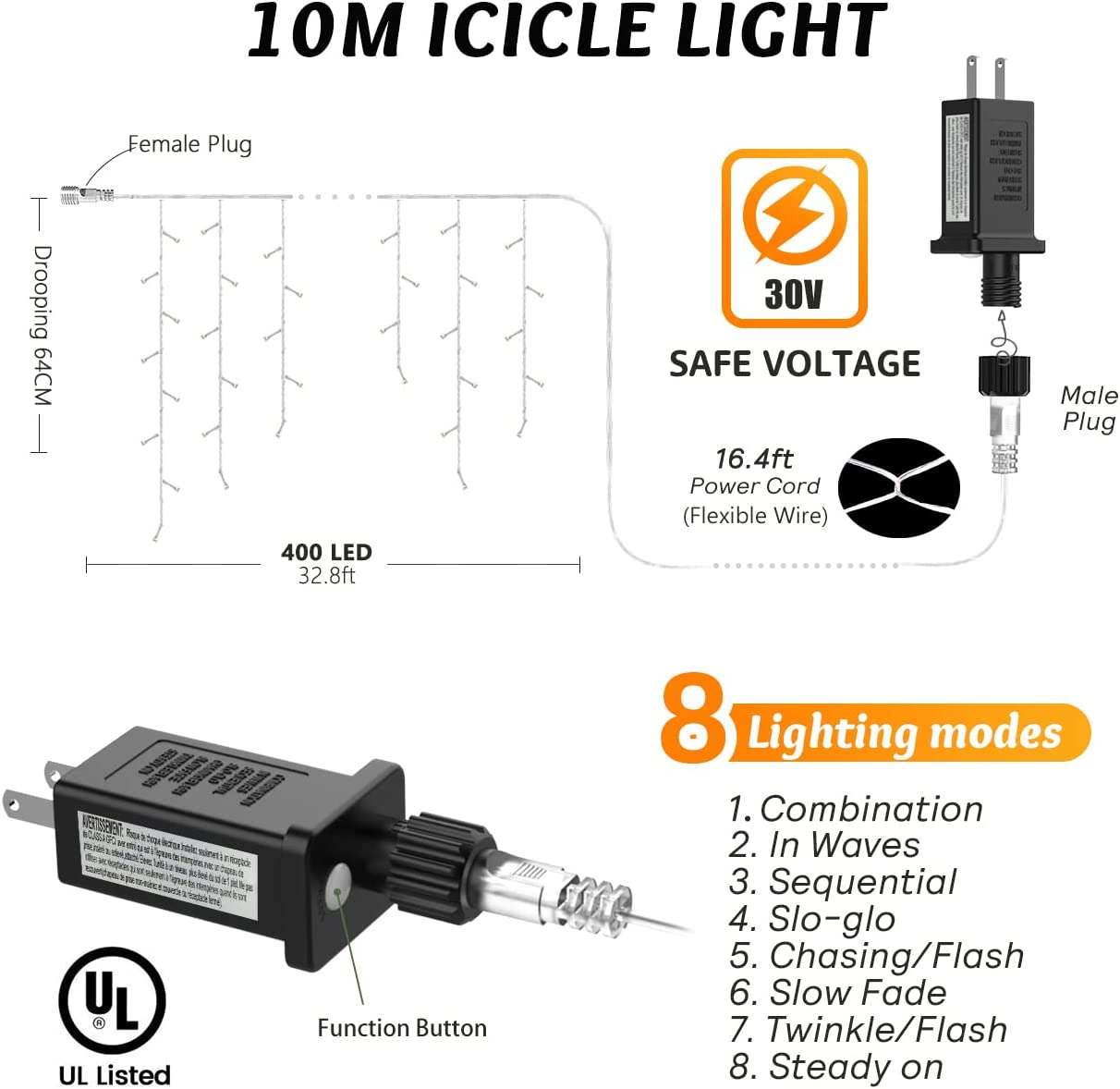 400 LED 32.8ft 8 Modes 64 Drops Christmas Icicle Lights