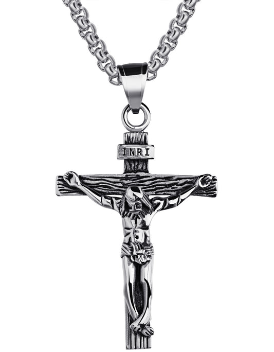 Men's Stainless Steel Jesus Christ Crucifixion Cross Pendant Necklace