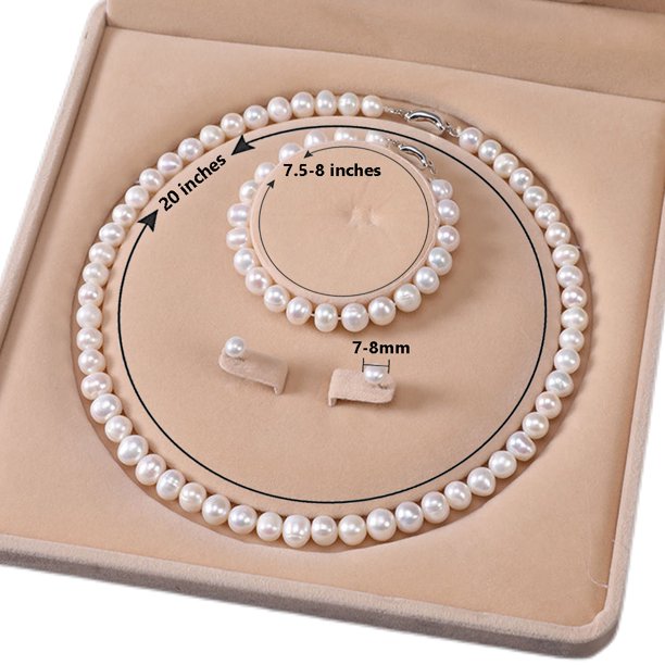 Freshwater Cultured Pearl Necklace Set Includes Stunning Bracelet and Stud Earrings Jewelry for Women Gift