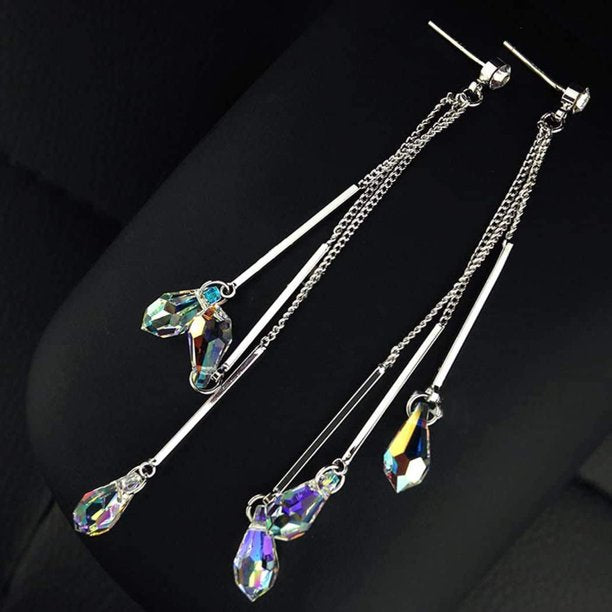 14k White Gold Plated Aurora Borealis Drop Tear Multicolor Crystal Tear Drop Cut Stud Dangle Earrings For Women & Girls