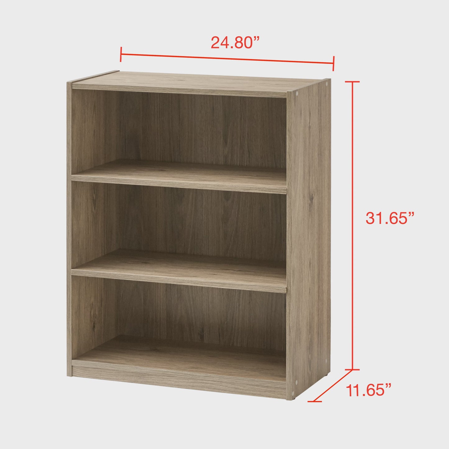 31" 3-Shelf Bookcase with Adjustable Shelves, Rustic Oak