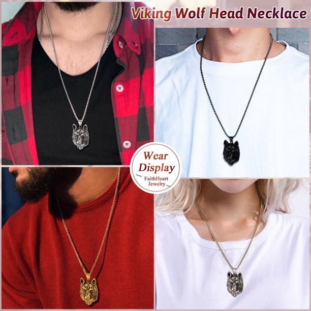 Norse Viking Wolf Pendant Necklace for Men Stainless Steel Scandinavia Jewelry Amulet - Silver