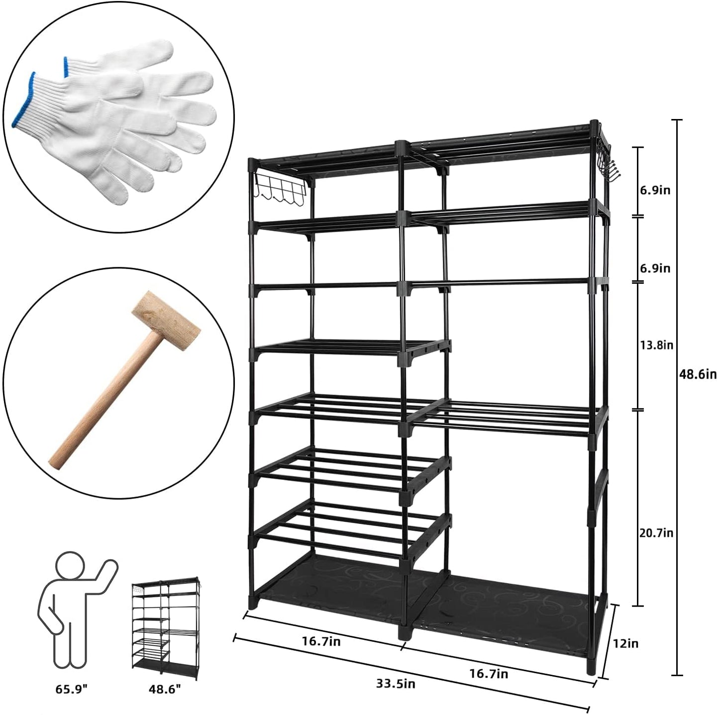 Large Metal Shoe Rack, 50-55 Pairs w/ Hooks-Black