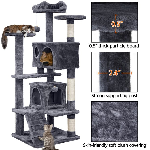 54.5" Double Condo Cat Tree w/ Scratching Post Tower- Dark Gray