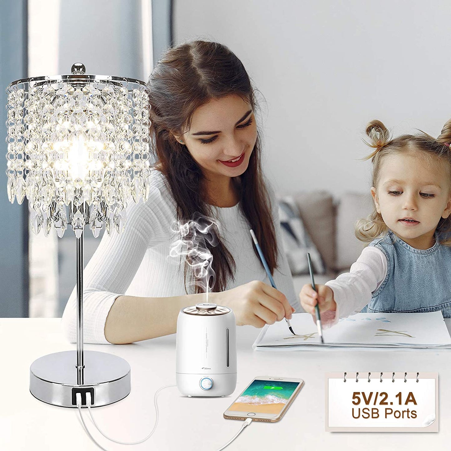 Crystal Touch Control Table Lamp w/ 2 USB Charging Ports