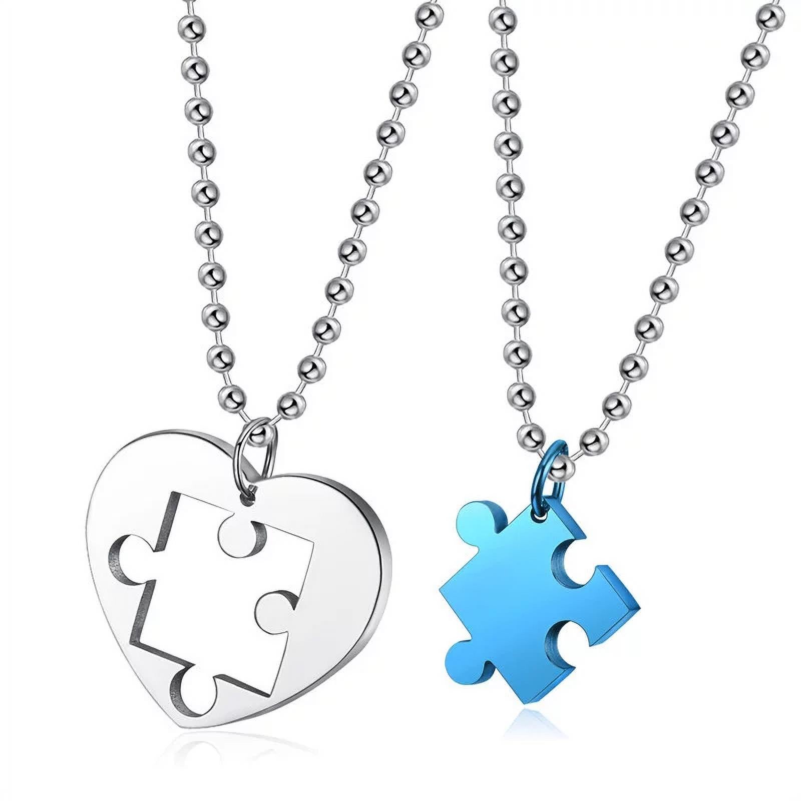 2 Stainless Steel Love Heart Puzzle Matching Pendant Necklace for Couples- Blue