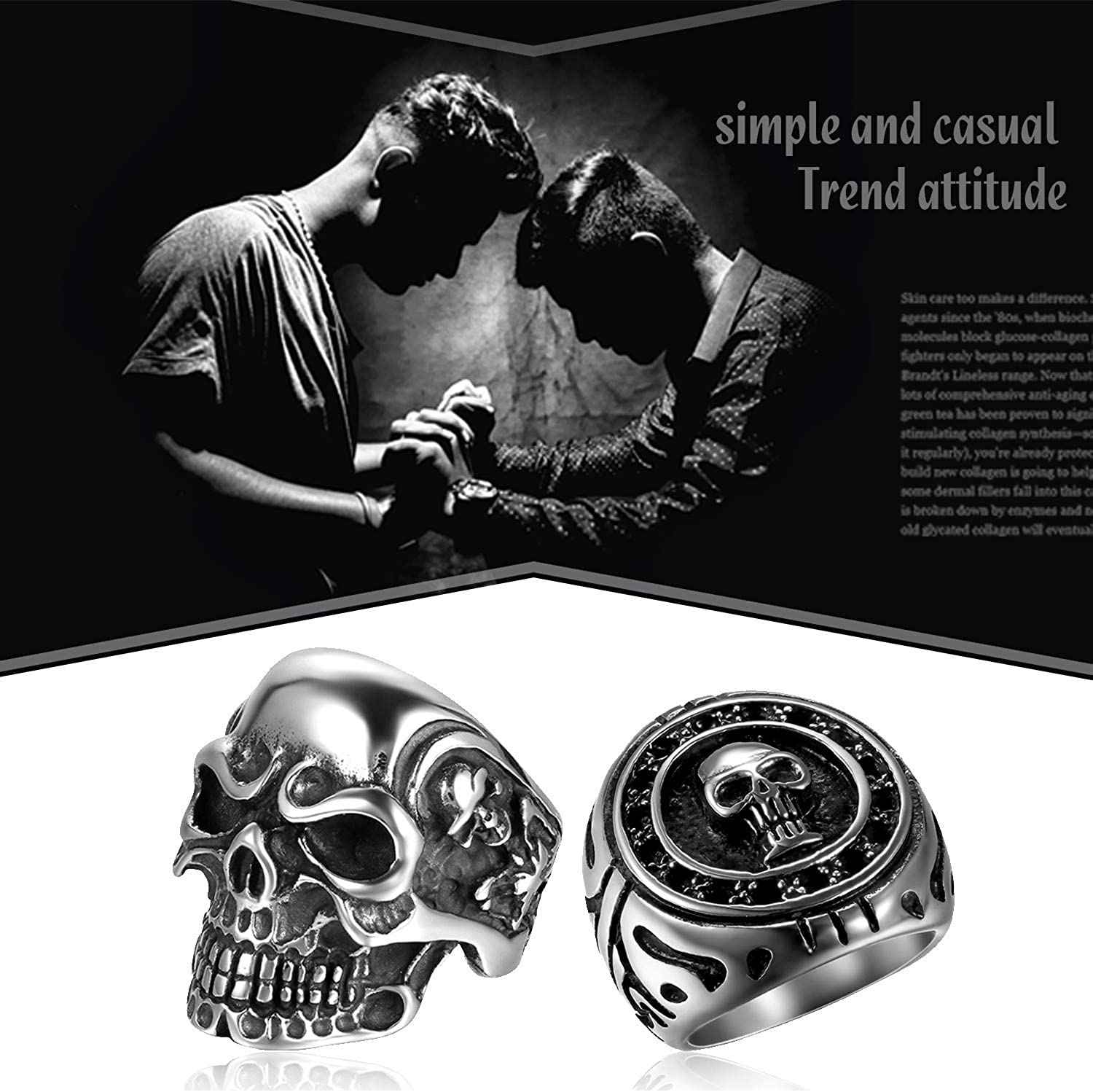 2Pcs Bikers Stainless Steel Gothic Skulls Ring,Black Silver, Size 8-15