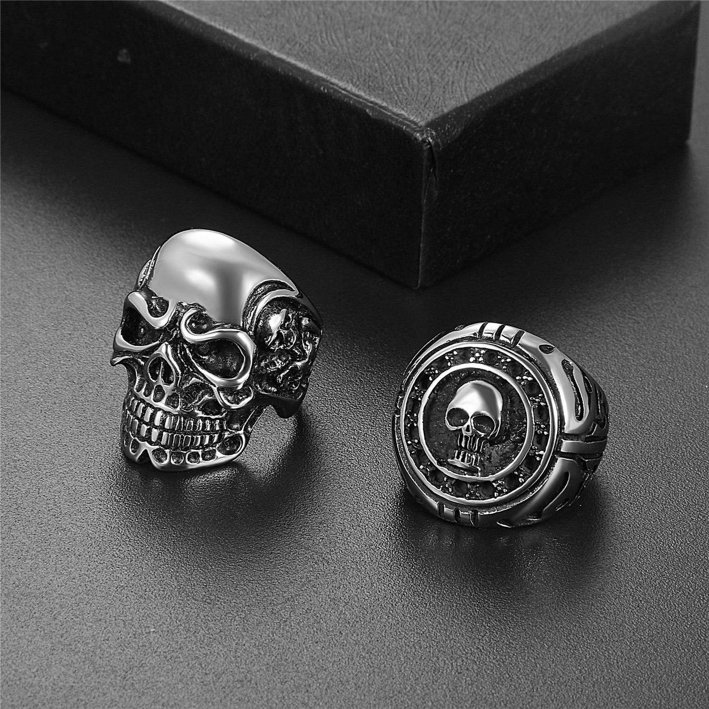 2Pcs Bikers Stainless Steel Gothic Skulls Ring,Black Silver, Size 8-15