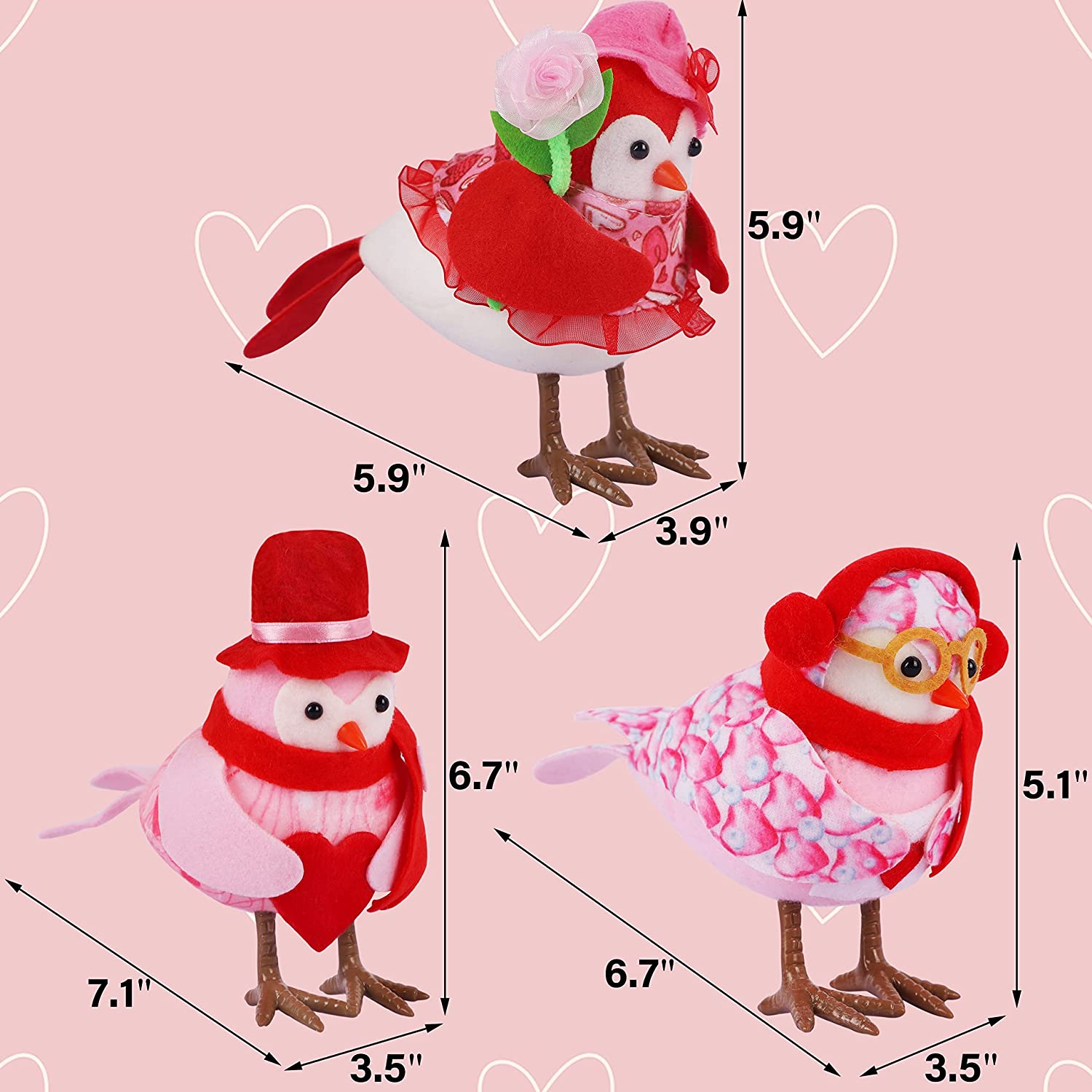 Valentine's Day Tabletop Decor, Set of 3 Red & Pink Bird Figurines, Perfect for Tiered Tray