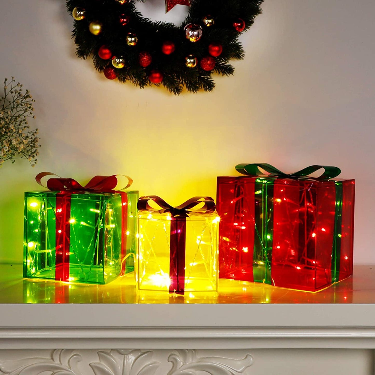 60 LED Light Up Christmas Boxes Present Decorations Outdoor Yard Red Green Yellow