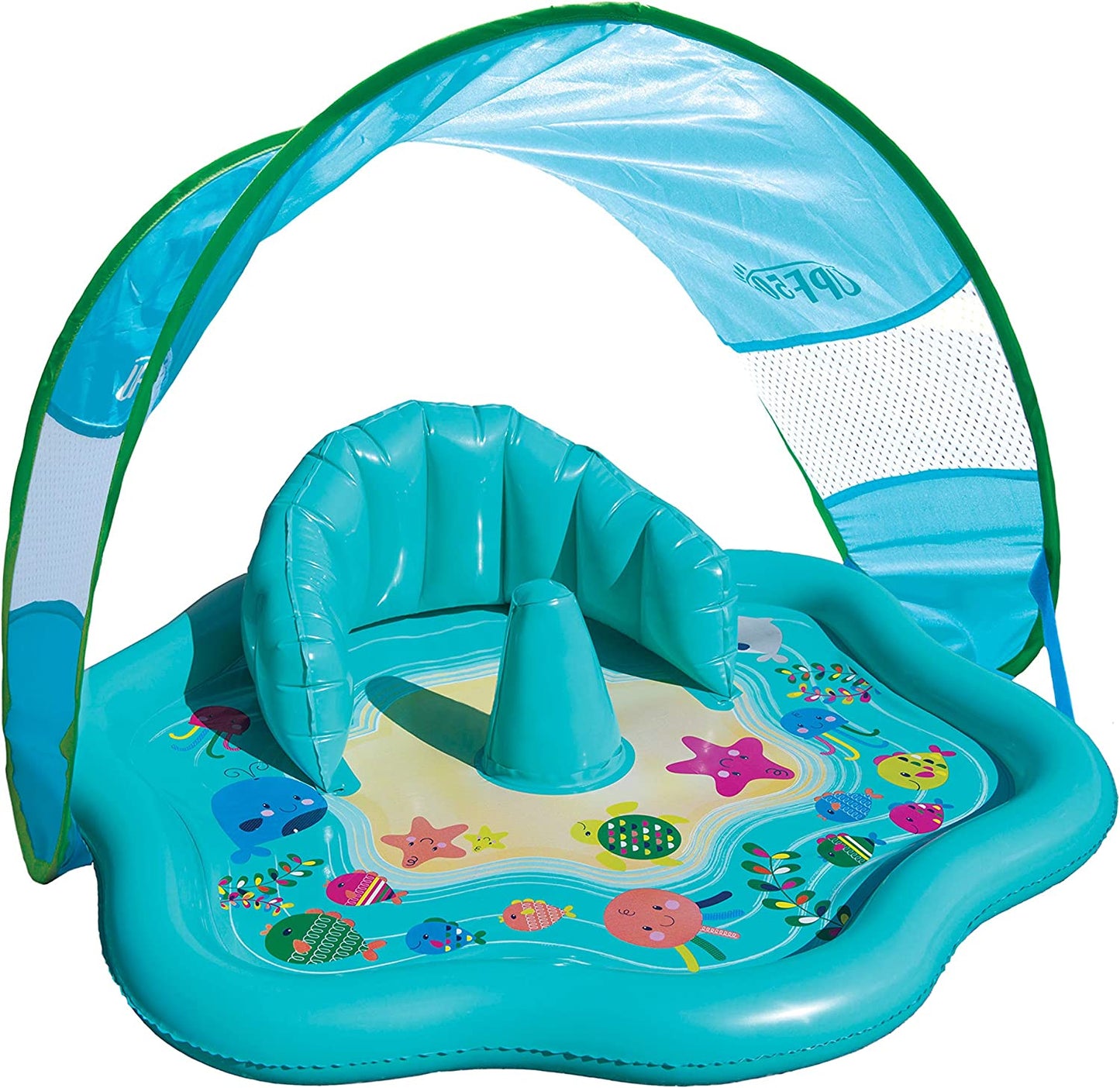 Blue Baby Splash Play Mat w/ Adjustable Canopy -Inflatable Play Pool for Babies & Infants with Backrest w/ Includes Baby Water Toy Rings