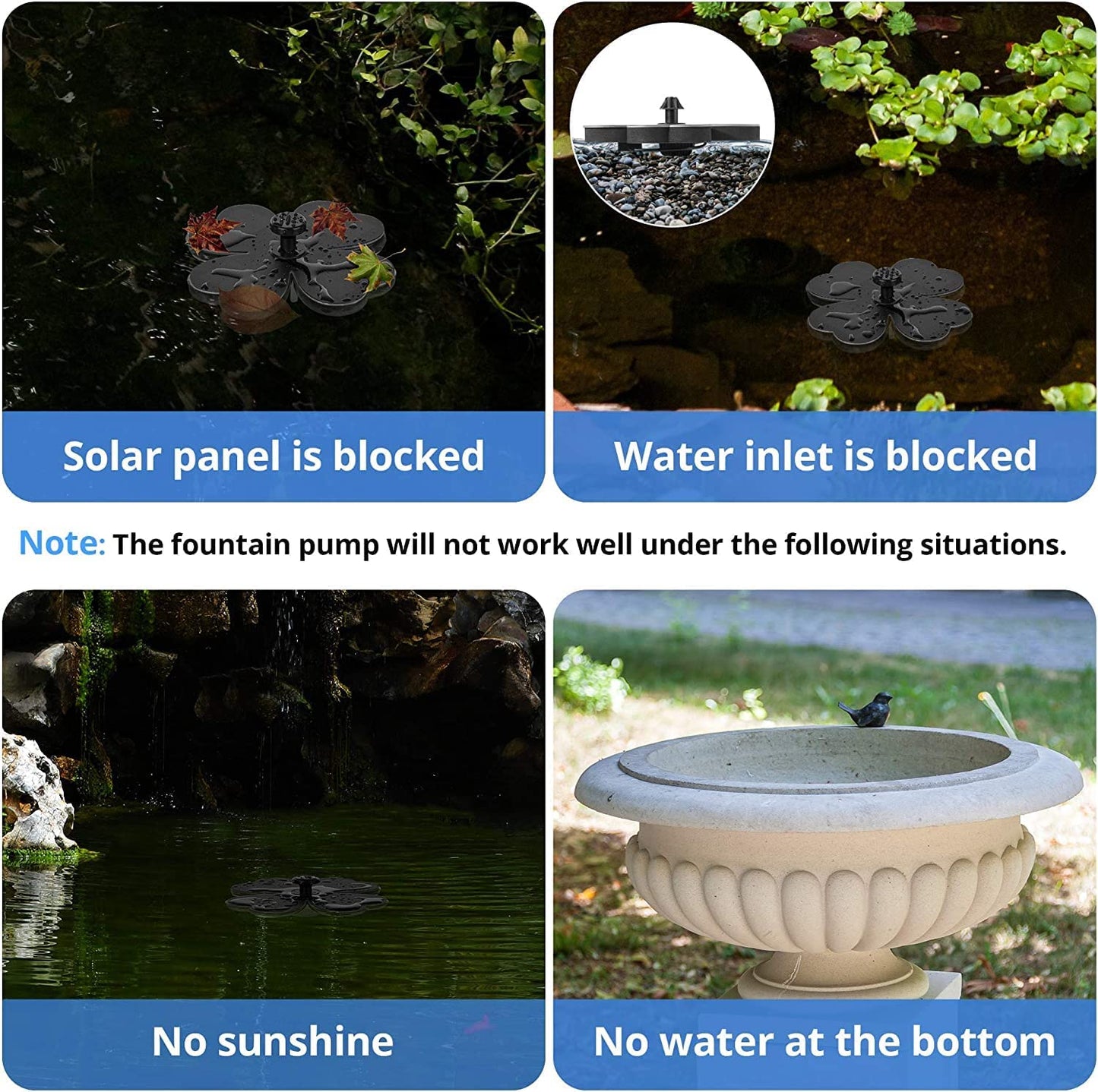 Solar Fountain Pump for Bird Bath, Lucky Clover Solar Water Pump for Ponds