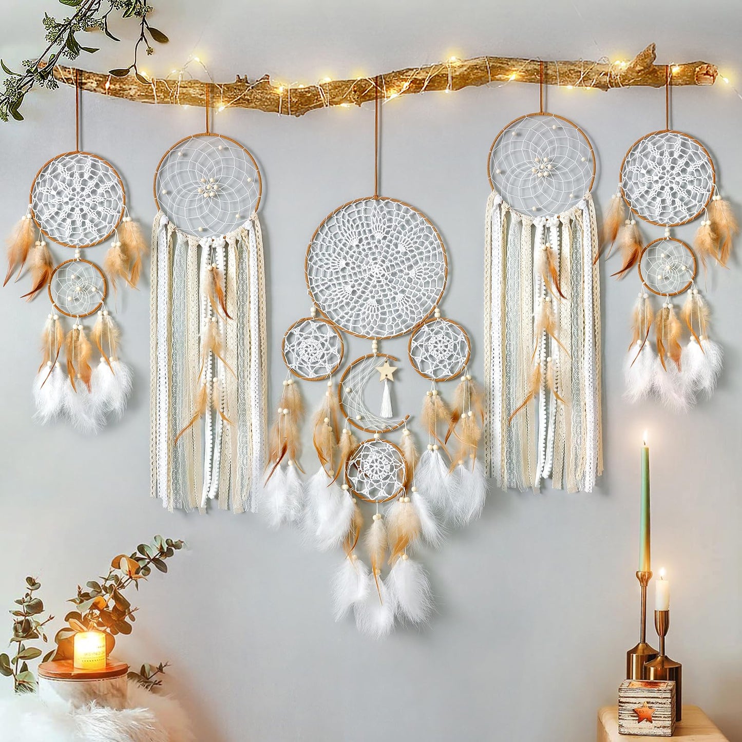 5 Pack Dream Catcher Moon and Sun Design Boho Wall Hanging Decor Handmade Traditional Feathers