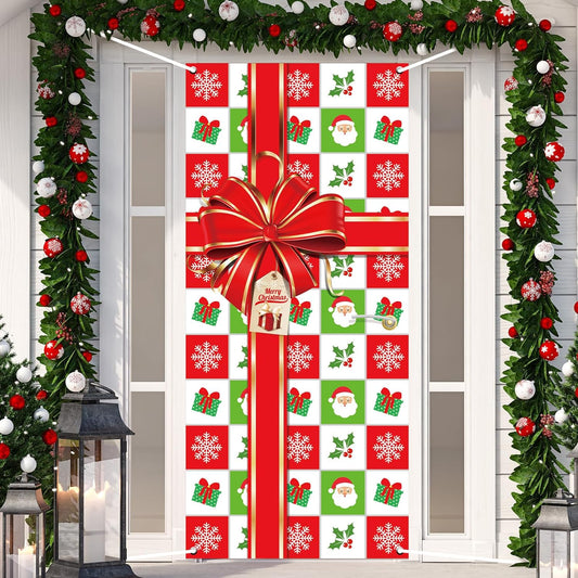 Christmas Door Cover Merry Christmas Photography Backdrop Christmas Bowknot Gift Box Door Hanging Banner Sign Happy Holiday Decoration for Home Wall