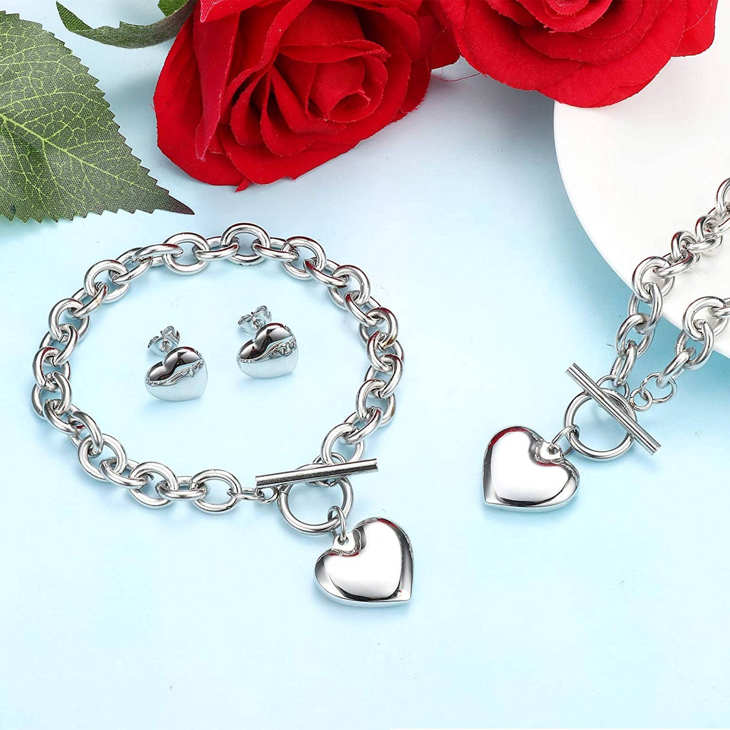 3Sets Heart Pendant Necklace Toggle Chain Bracelet Stud Earrings Stainless Steel, Silver Tone